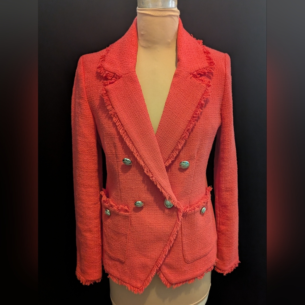 HOUSE OF HARLOW 1960  Double-Breasted Frayed Edge Jacket - Coral SM/Med Bust 40"
